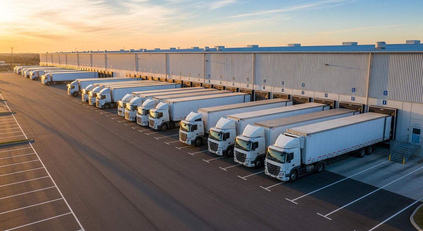 Aerial view of a delivery truck fleet lined up at distribution centre loading docks at sunrise