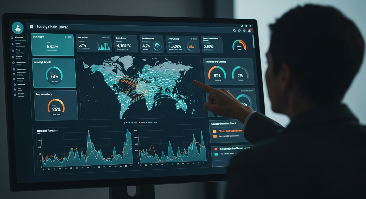 Supply chain control tower dashboard with global shipment routes, inventory KPIs and demand forecasts